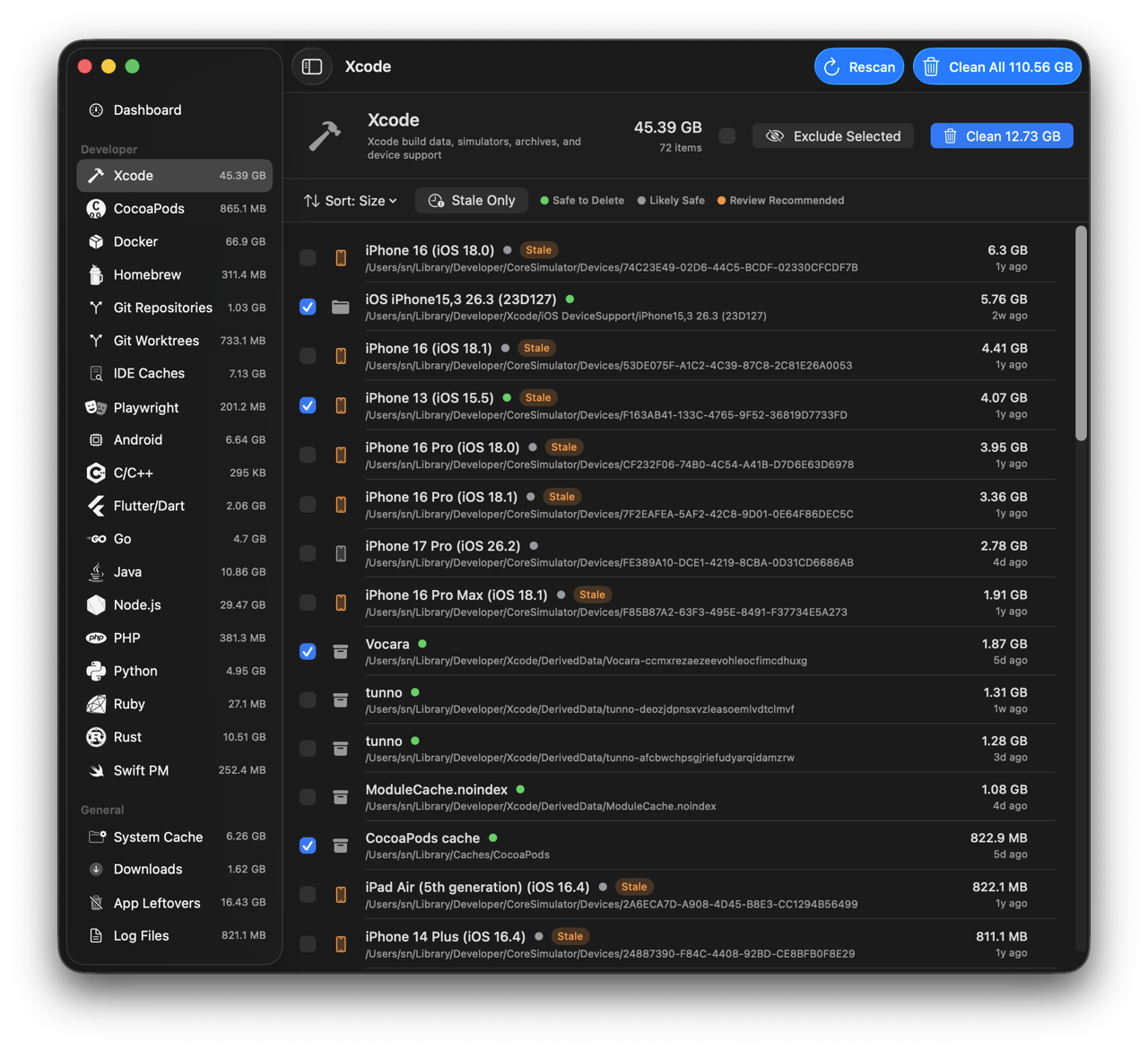 MegaCleaner scanning developer tools showing Xcode DerivedData, Docker, and node_modules cleanup results