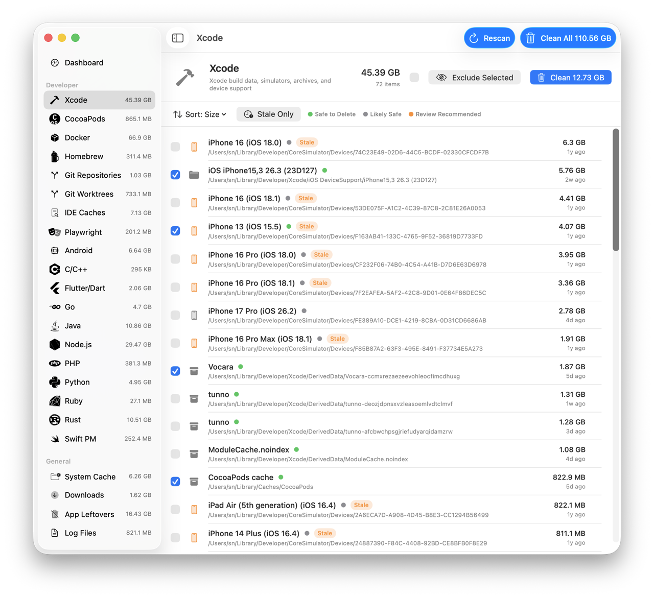 MegaCleaner app interface in light mode showing disk space analysis for developer tools